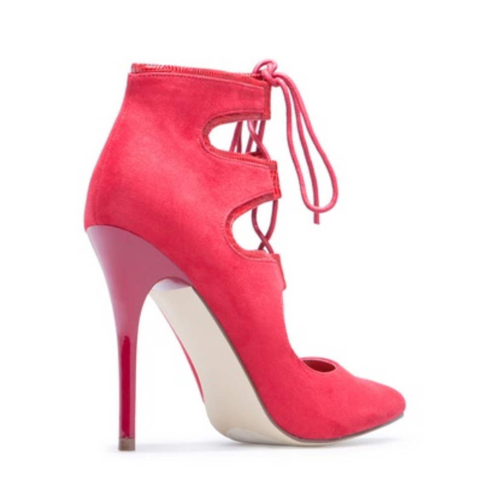 Shoedazzle Party Dress Pointed Toe Lace Up Cut Out Red Booties Stiletto Heels - Picture 6 of 7